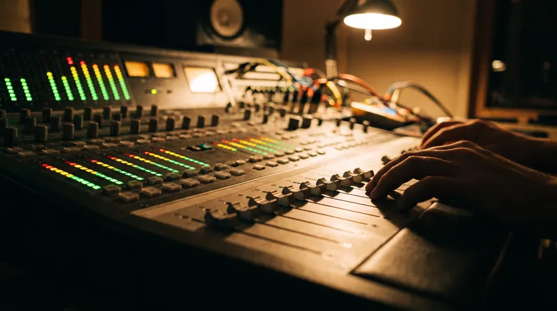Close-up view of a professional audio mixing console with volume faders and illuminated level meters.