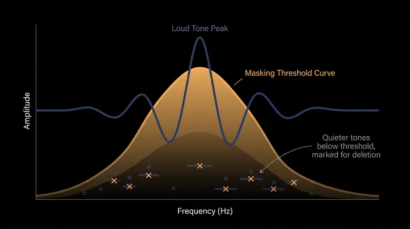 Frequency masking occurs when a loud sound raises the hearing threshold, rendering quieter neighboring frequencies imperceptible.