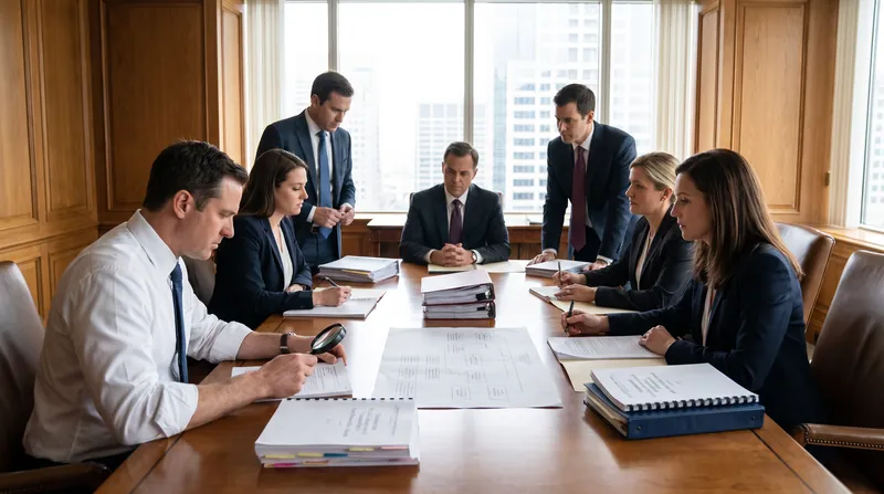 A team of corporate lawyers reviewing complex organizational charts and compliance documents in a boardroom.