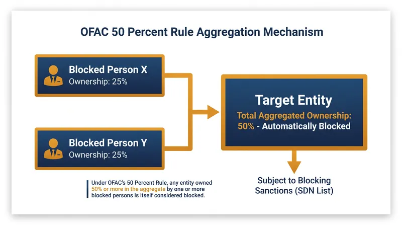 Under OFAC guidance, minority stakes held by different sanctioned persons are aggregated to determine if an entity meets the 50 percent blocking threshold.