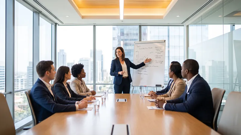 A female executive in a navy blazer stands in a modern glass-walled boardroom, gesturing toward a whiteboard while her diverse team listens.
