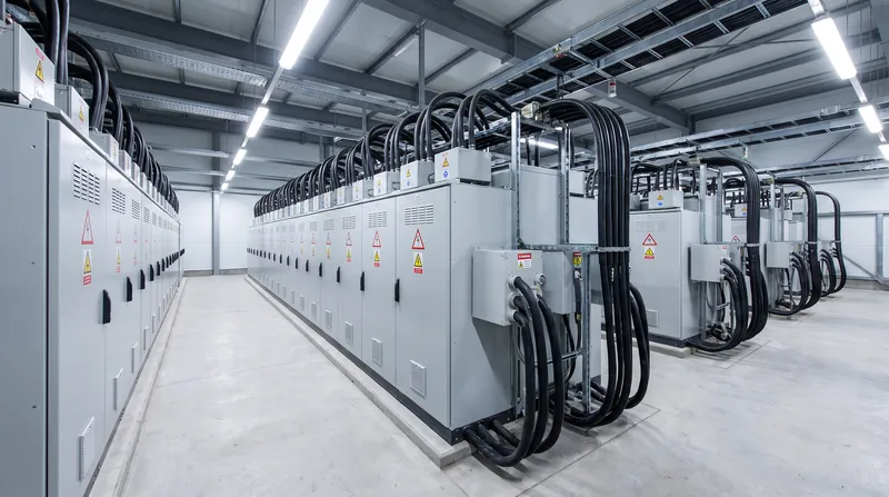 A large industrial capacitor bank installation inside an electrical substation with heavy insulated cables.