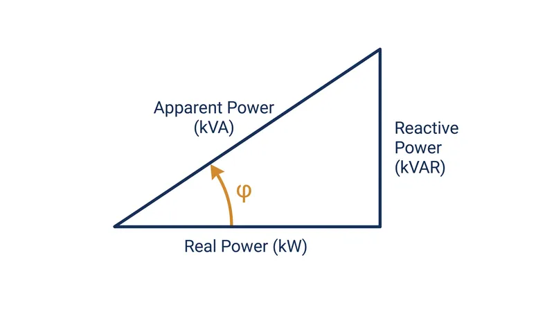 The power triangle illustrates the geometric relationship between real, reactive, and apparent power.