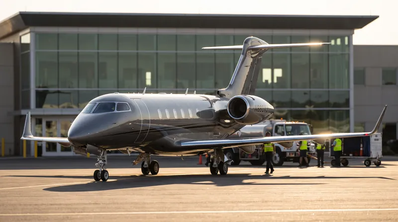 A white midsize private jet parked on an airport tarmac with ground crew working nearby.