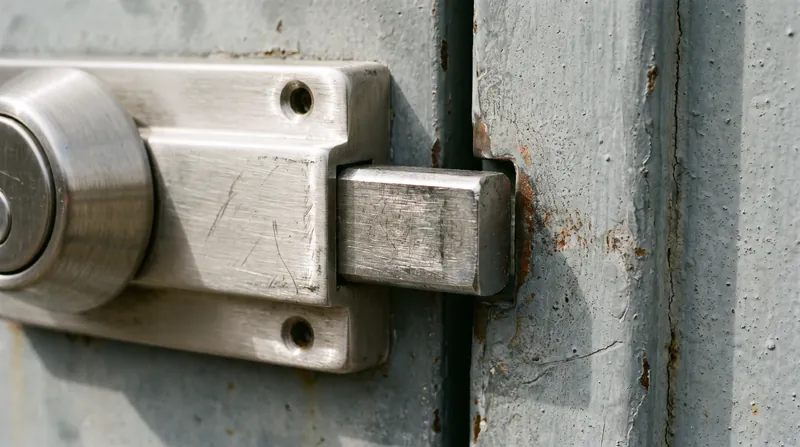 A close-up view of a heavy-duty commercial deadbolt lock installed on a solid metal door.