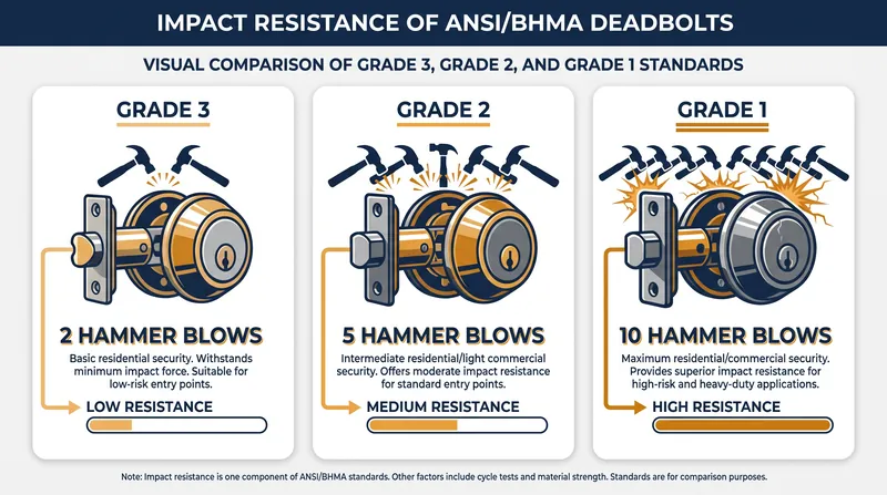 Security testing evaluates how many blunt-force impacts a deadbolt can withstand before the mechanism fails.