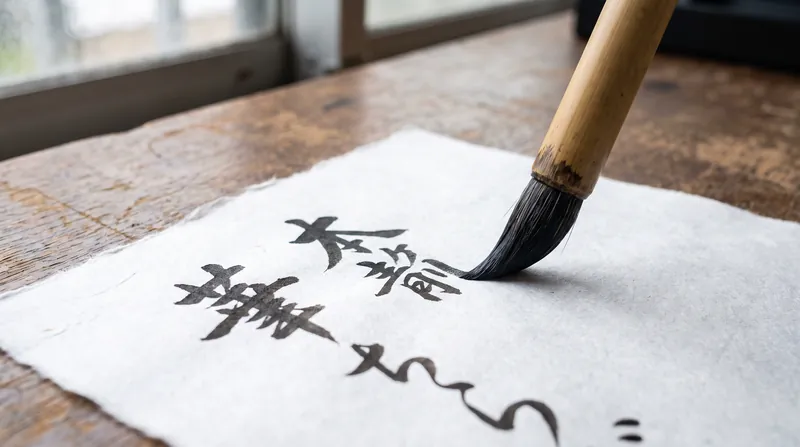 Close-up of a traditional Japanese calligraphy brush writing dark ink characters on textured white paper.