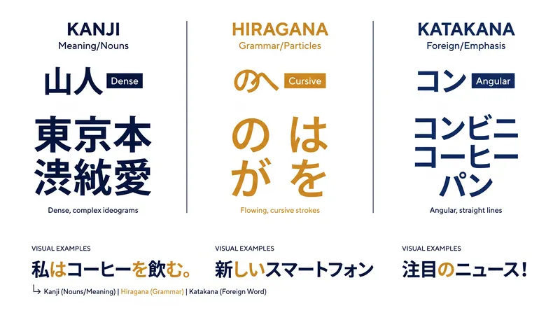 How the three Japanese scripts divide linguistic labor.