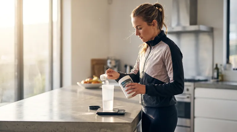 An athlete in a kitchen carefully measuring white supplement powder onto a digital scale.