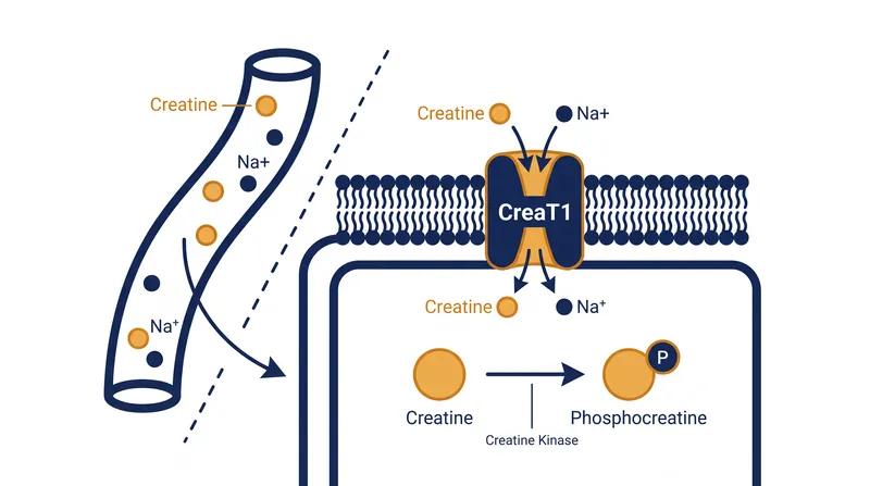 The CreaT1 transporter pulls creatine into the muscle cell, where it is converted into phosphocreatine to rapidly regenerate ATP during exercise.