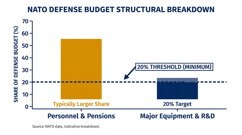 NATO requires members to allocate at least 20% of their defense spending to equipment and research to prevent budgets from being consumed entirely by personnel costs.