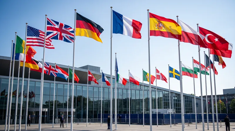 Multiple national flags of NATO member states flying on flagpoles outside a summit venue.