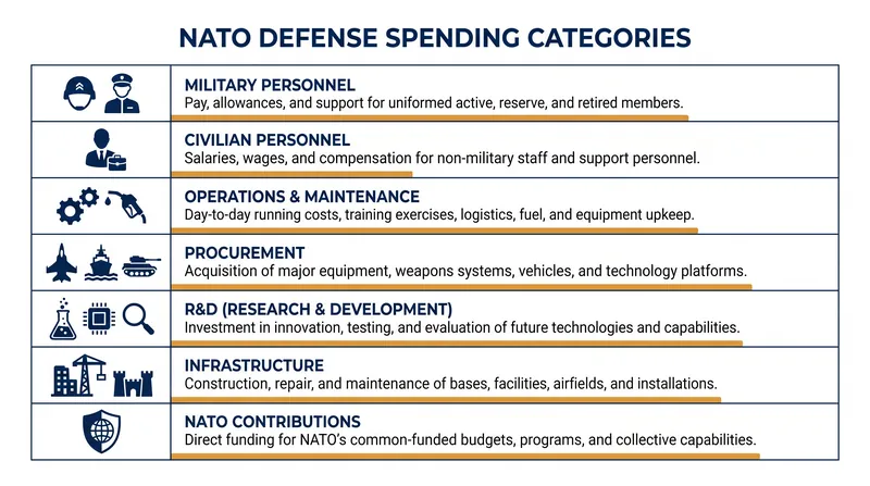 The seven standardized categories NATO uses to classify and compare member state defense budgets.