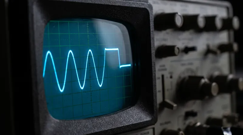 A macro photograph of an oscilloscope screen showing a blue sine wave being cut off into a short pulse.
