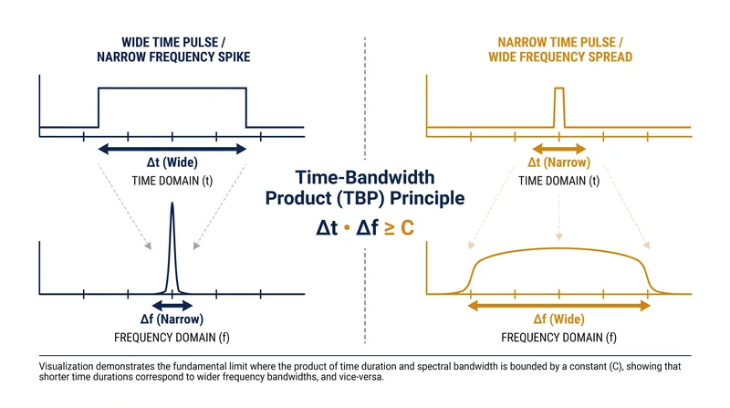 The time-bandwidth product dictates that squeezing a signal in time forces it to expand in frequency.