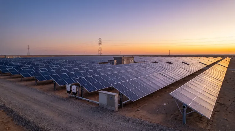 Rows of photovoltaic solar panels in a large utility-scale farm under a clear sky.