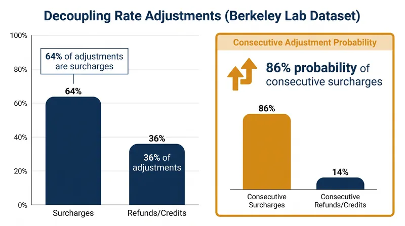 Historical data indicates decoupling rate adjustments skew heavily toward consumer surcharges.
