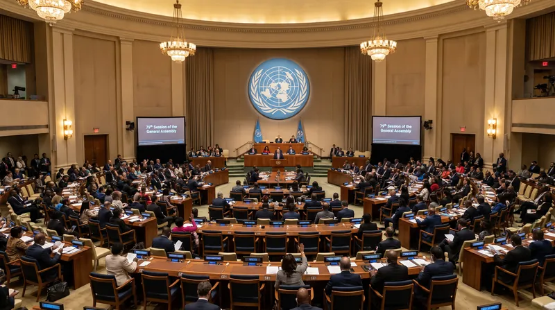 The United Nations General Assembly hall viewed from the upper seating tier during a plenary session.