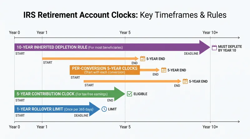 The Roth IRA operates on multiple distinct timelines depending on the source of the funds.