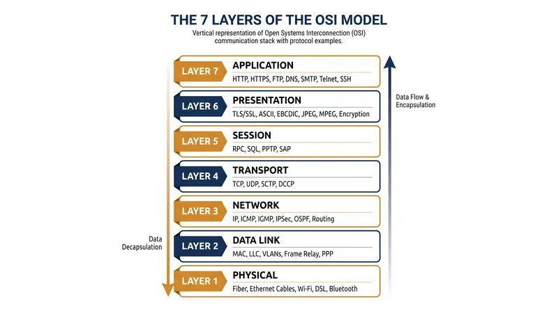 The seven layers of abstraction separate physical hardware concerns from software application logic.