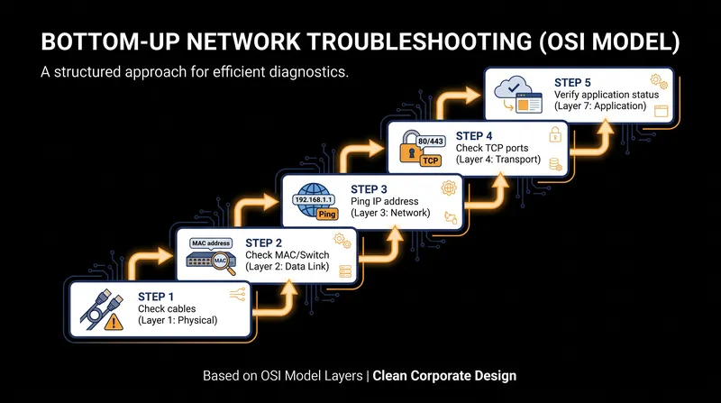 Network engineers typically troubleshoot from Layer 1 upwards to isolate hardware failures before debugging software.