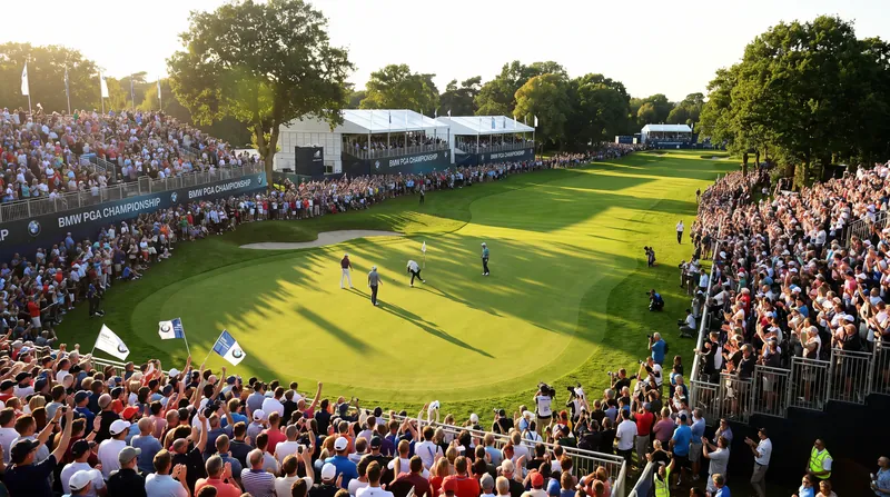 A wide view of the 18th green at Wentworth Club surrounded by massive grandstands and crowds of golf fans.