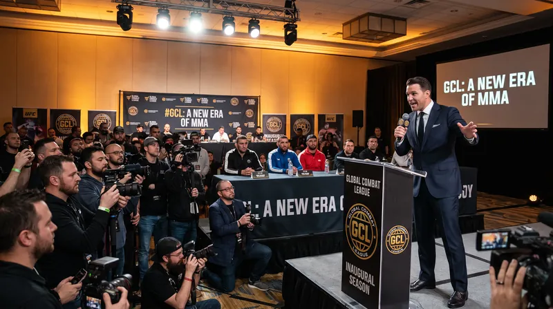 A combat sports promoter in a suit speaks at a press conference podium illuminated by bright stage lights.