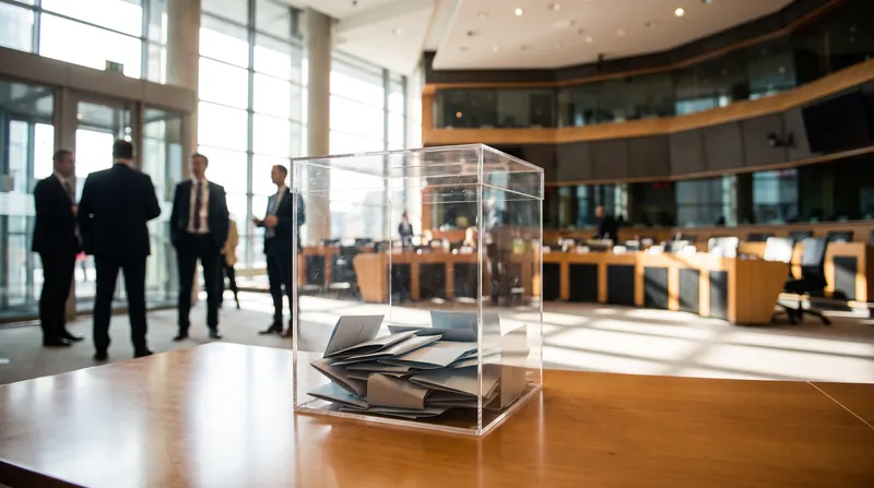 A transparent ballot box filled with paper ballots in a modern European parliament setting.