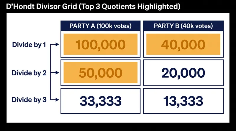 How the D'Hondt sequence allocates three seats between two parties.