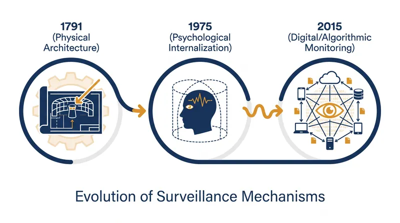 The conceptual evolution of the Panopticon from physical prisons to digital data networks.
