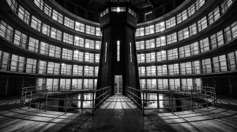 A low-angle view of a circular prison with a central observation tower surrounded by backlit cells.