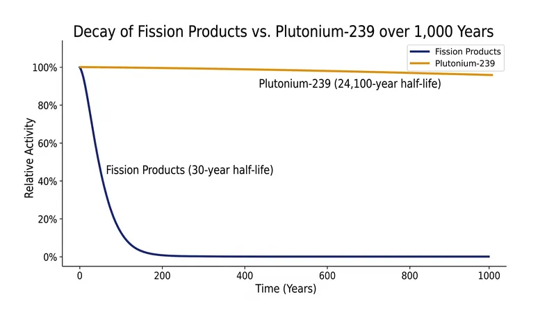 Fission products decay rapidly, eventually leaving Plutonium-239 without its protective radiation barrier.