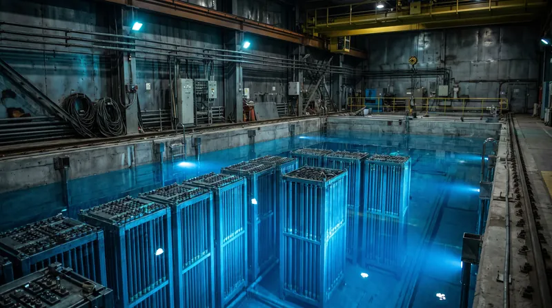 Glowing blue Cherenkov radiation illuminates submerged spent nuclear fuel assemblies in a deep cooling pool.