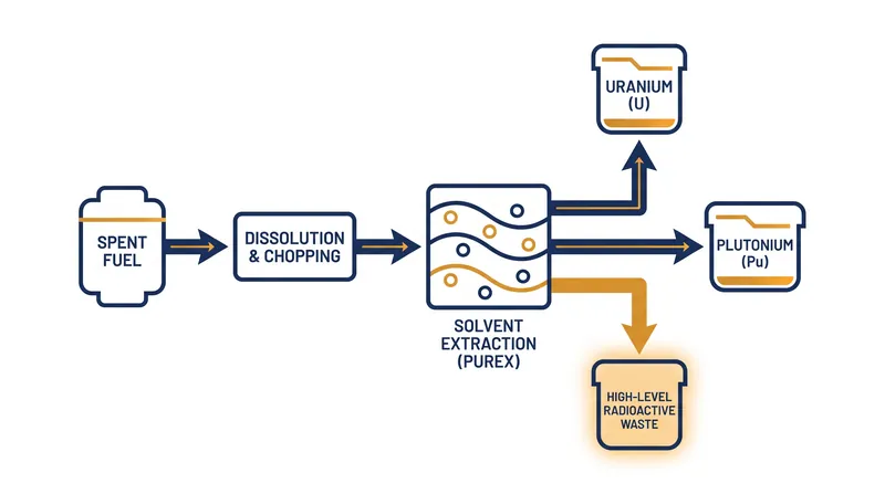 Chemical reprocessing separates plutonium from the highly radioactive fission products.