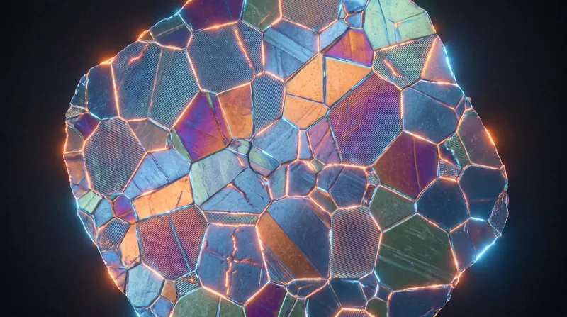 Microscopic view of a multi-colored crystalline lattice structure representing a high-entropy alloy.