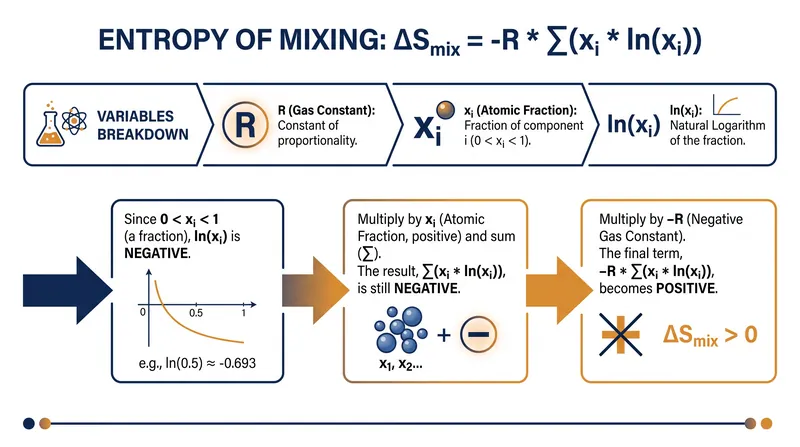 Because the atomic fraction (x_i) is always less than 1, its natural logarithm is negative, ensuring the total entropy of mixing is always positive.