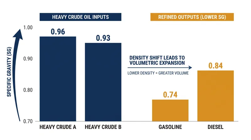 Processing gain occurs because lighter refined products occupy more physical space than dense crude oil.