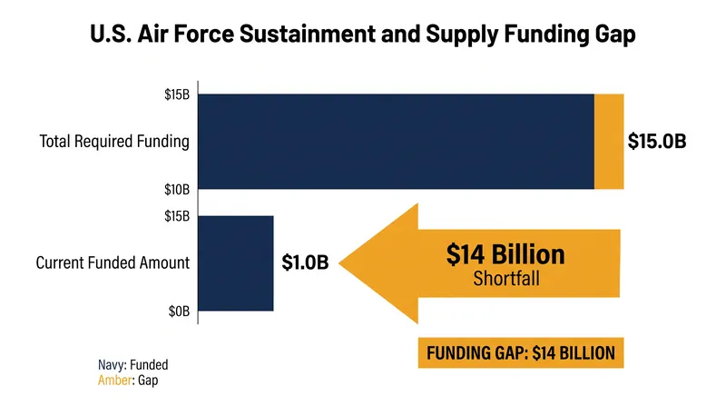 The U.S. Air Force is currently facing a $14 billion shortfall in supply and sustainment funding.