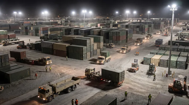 A large military logistics depot at night with shipping containers, transport trucks, and forklifts under bright lights.