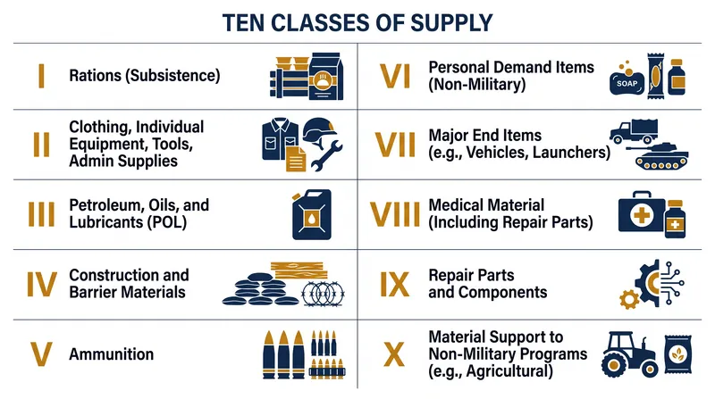 The U.S. military categorizes all sustainment requirements into ten distinct classes.