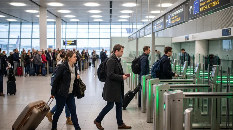Travelers with luggage walking past automated passport control eGates in a brightly lit European airport terminal.