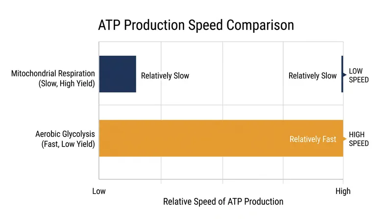 While glycolysis produces less ATP per molecule of glucose, its accelerated rate can outpace mitochondrial respiration when glucose is abundant.