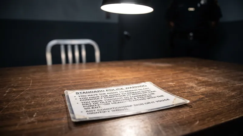 A close-up view of a printed card listing the Miranda rights resting on a wooden table.