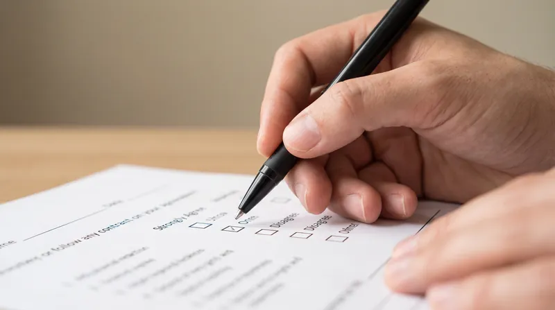 Close-up of a person holding a pen over a printed survey form, focusing on the checkboxes.