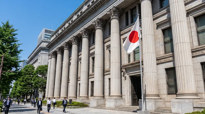 The exterior facade of the Bank of Japan headquarters building in Tokyo, featuring classical architecture and stone columns.