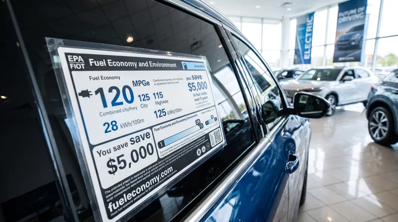 A close-up view of an EPA fuel economy window sticker on an electric vehicle.