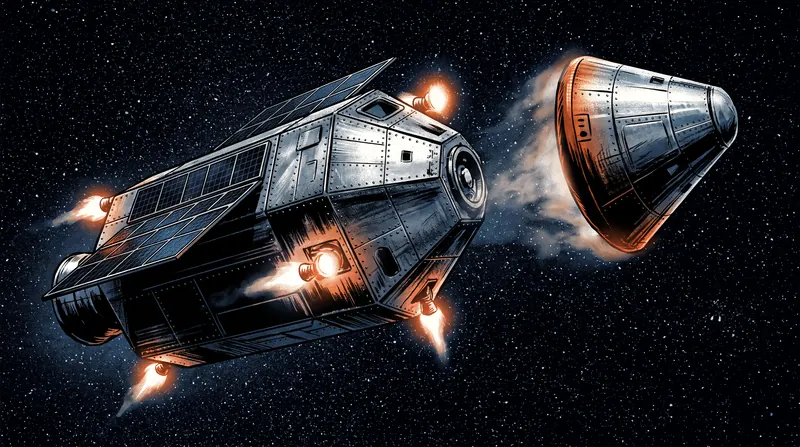 Illustration of a post-boost vehicle in space releasing a conical reentry vehicle against a starry background.