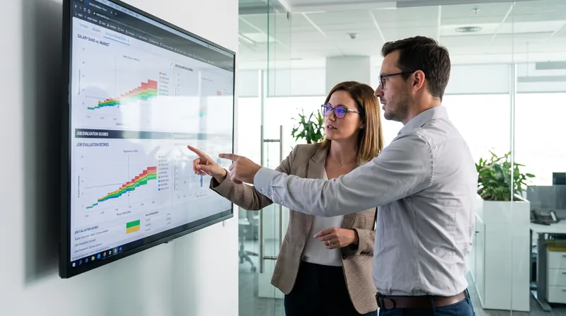 Two professionals in a modern office reviewing data charts on a digital dashboard.