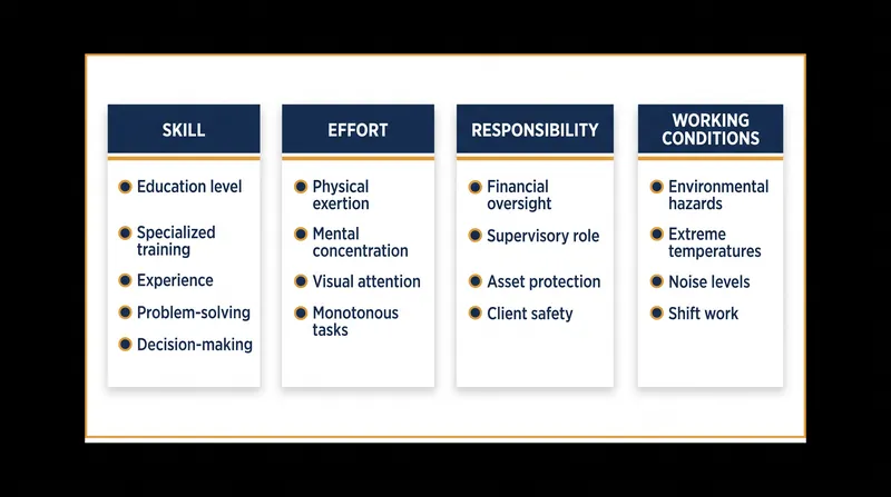 The four universal factors established by the Equal Pay Act of 1963 form the foundation of modern job evaluation.