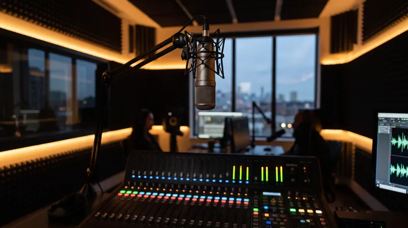A professional broadcast microphone positioned over a complex audio mixing console in a dimly lit studio.